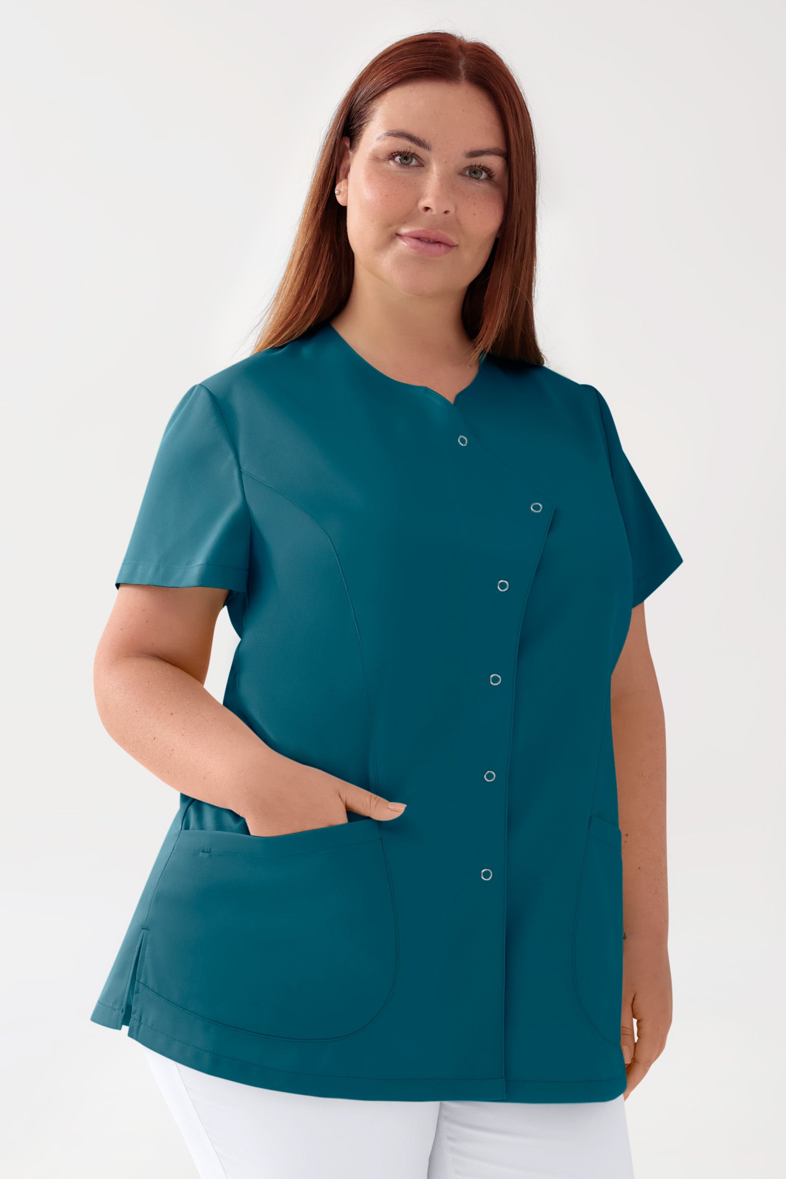 GREEN Stretch Kasack Damen - asymmetrische Druckknopfleiste petrol, Vorderansicht
