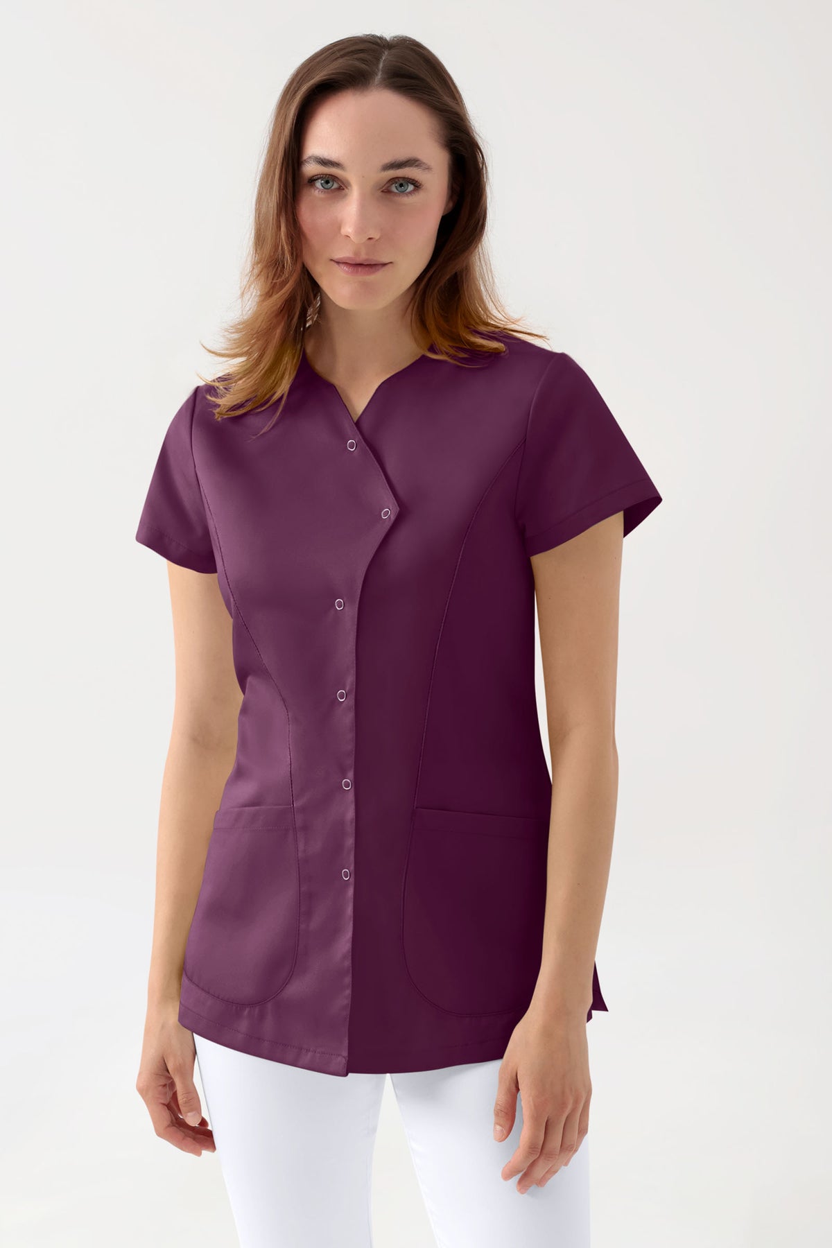 GREEN Stretch Kasack Damen - asymmetrische Druckknopfleiste pflaume, Vorderansicht