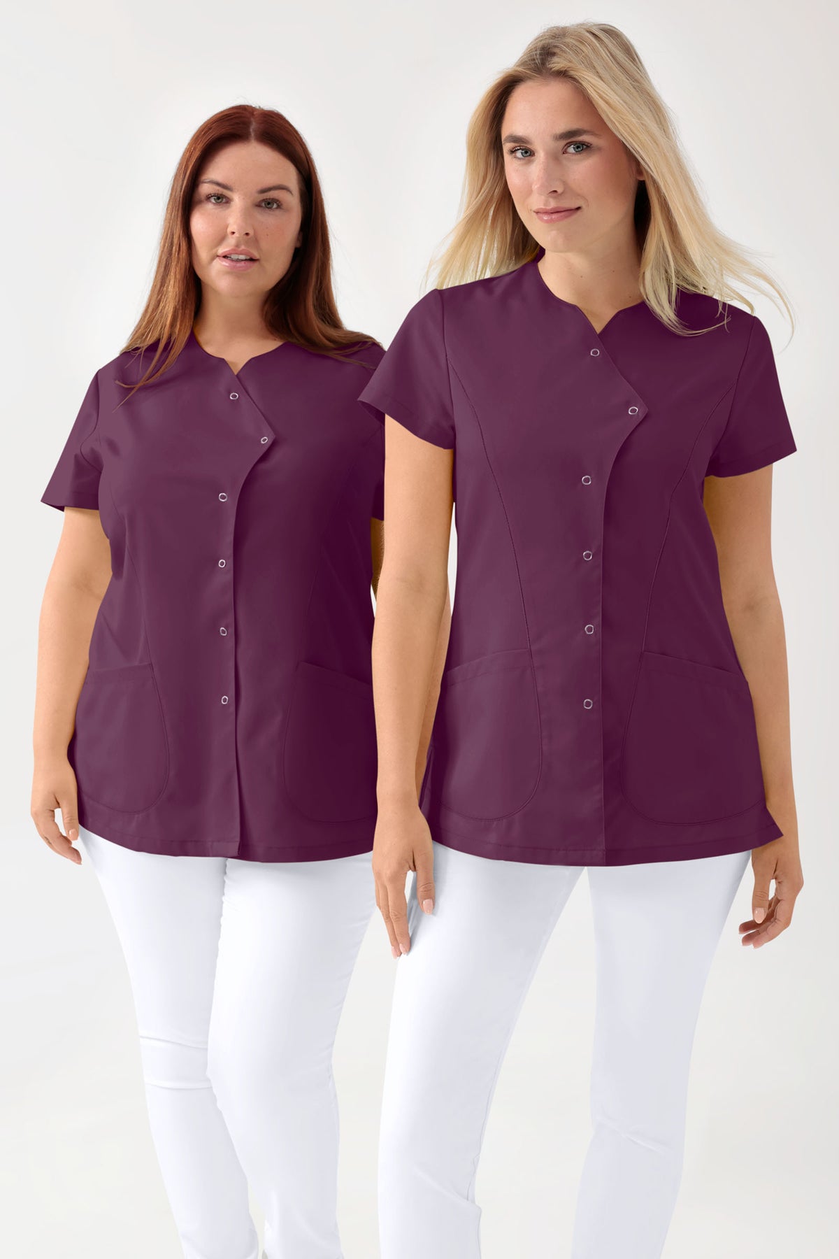 GREEN Stretch Kasack Damen - asymmetrische Druckknopfleiste pflaume, Vorderansicht