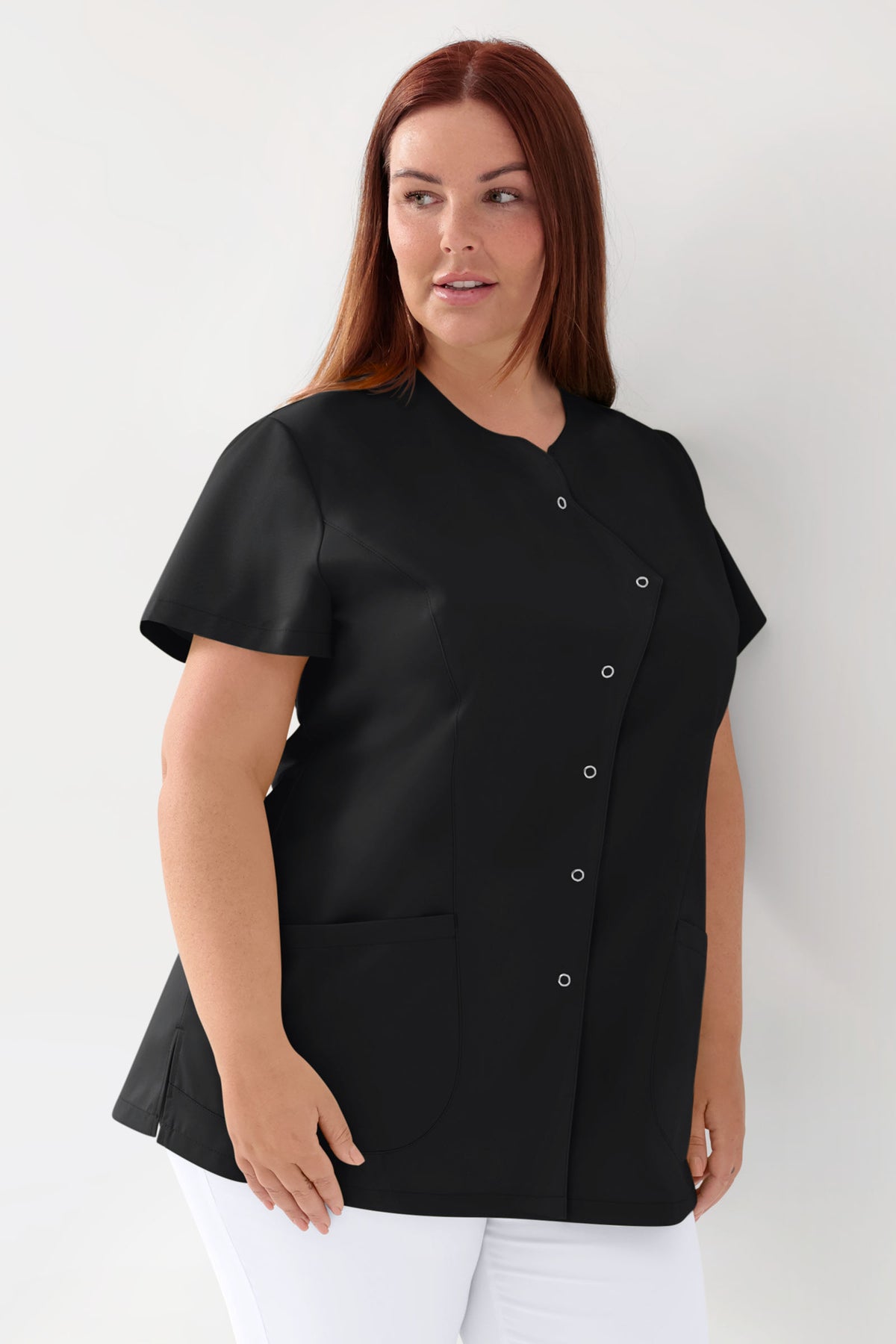 GREEN Stretch Kasack Damen - asymmetrische Druckknopfleiste schwarz