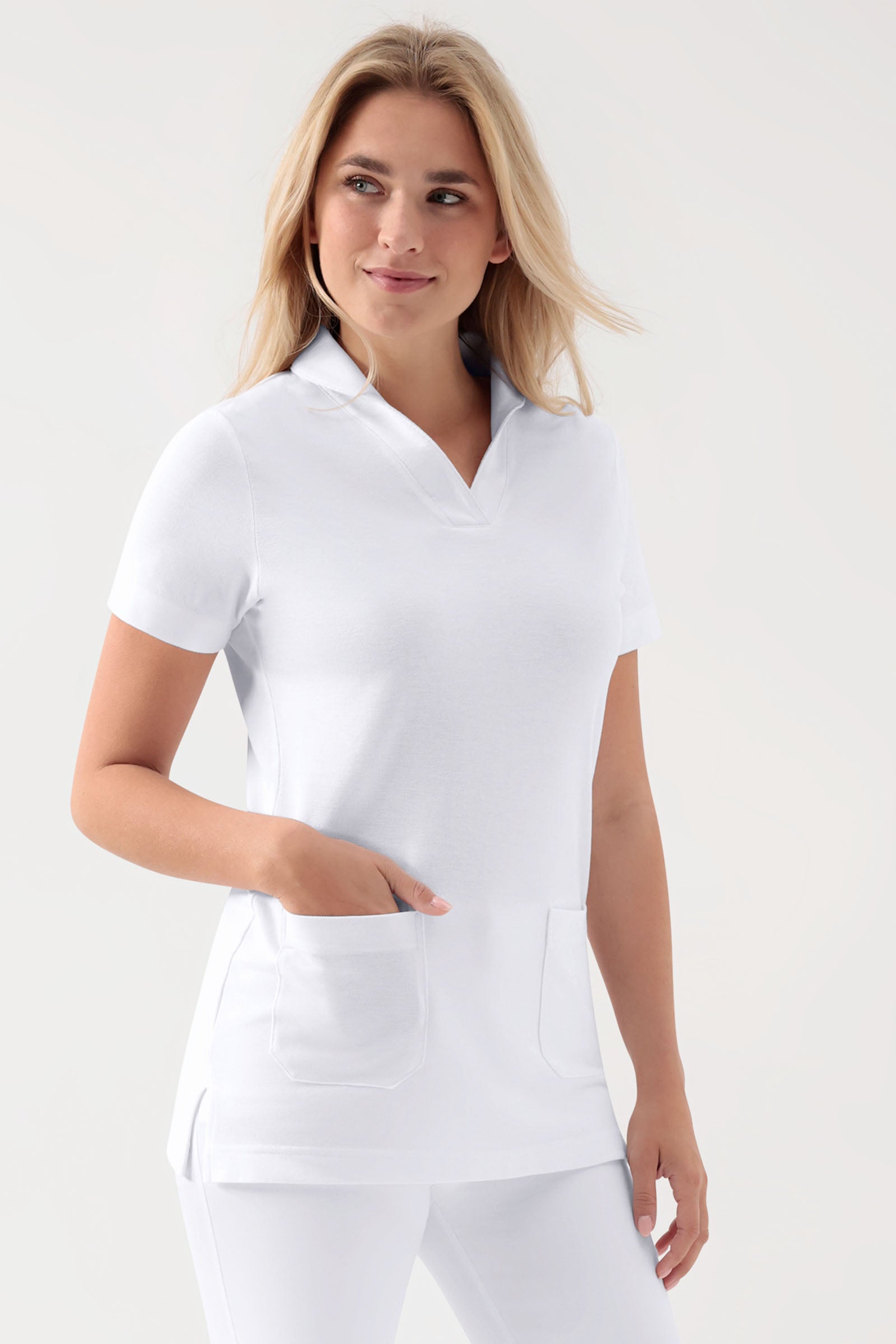 COMFY FLEX Stretch Schlupfkasack Damen - Schalkragen weiß