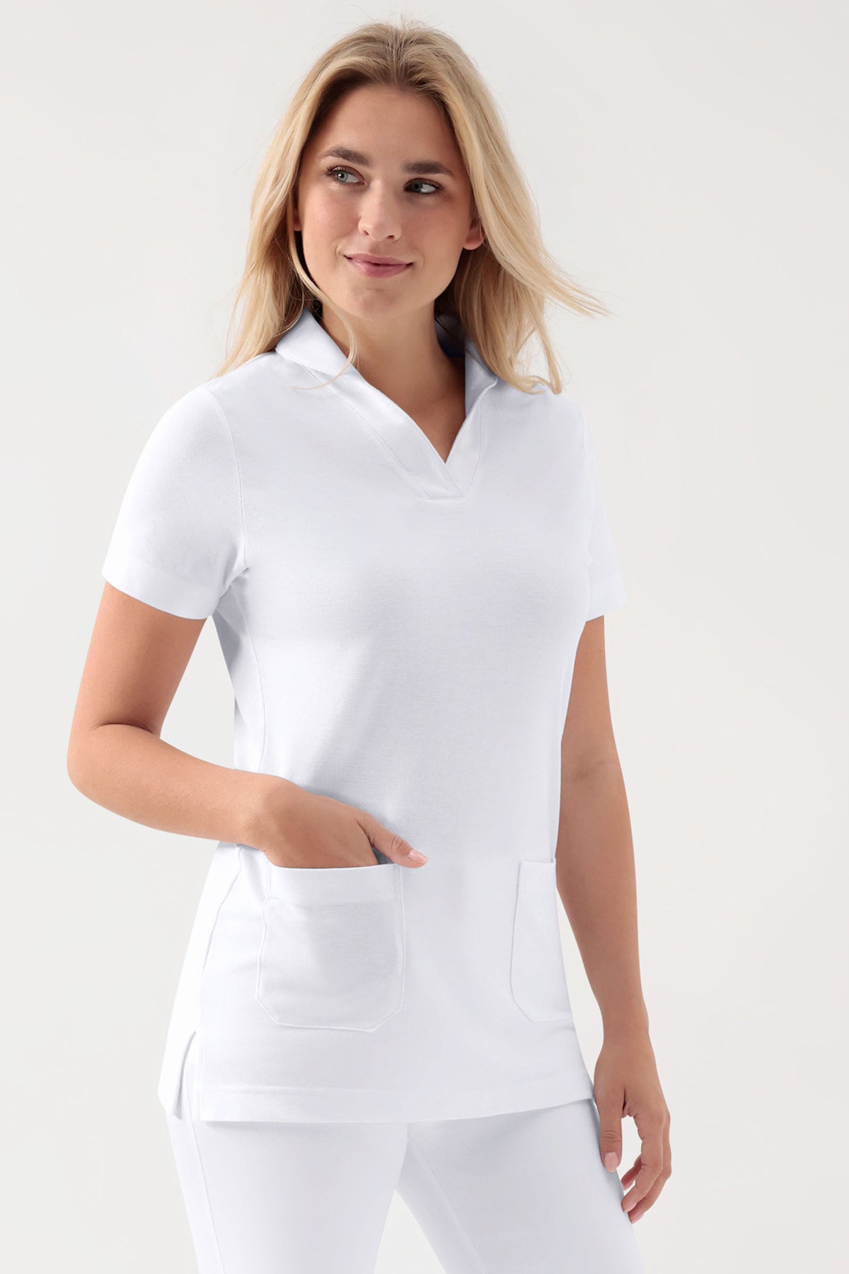 COMFY FLEX Stretch Schlupfkasack Damen - Schalkragen weiß