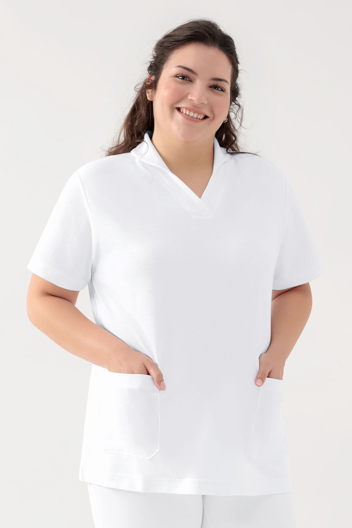 COMFY FLEX Stretch Schlupfkasack Damen - Schalkragen weiß