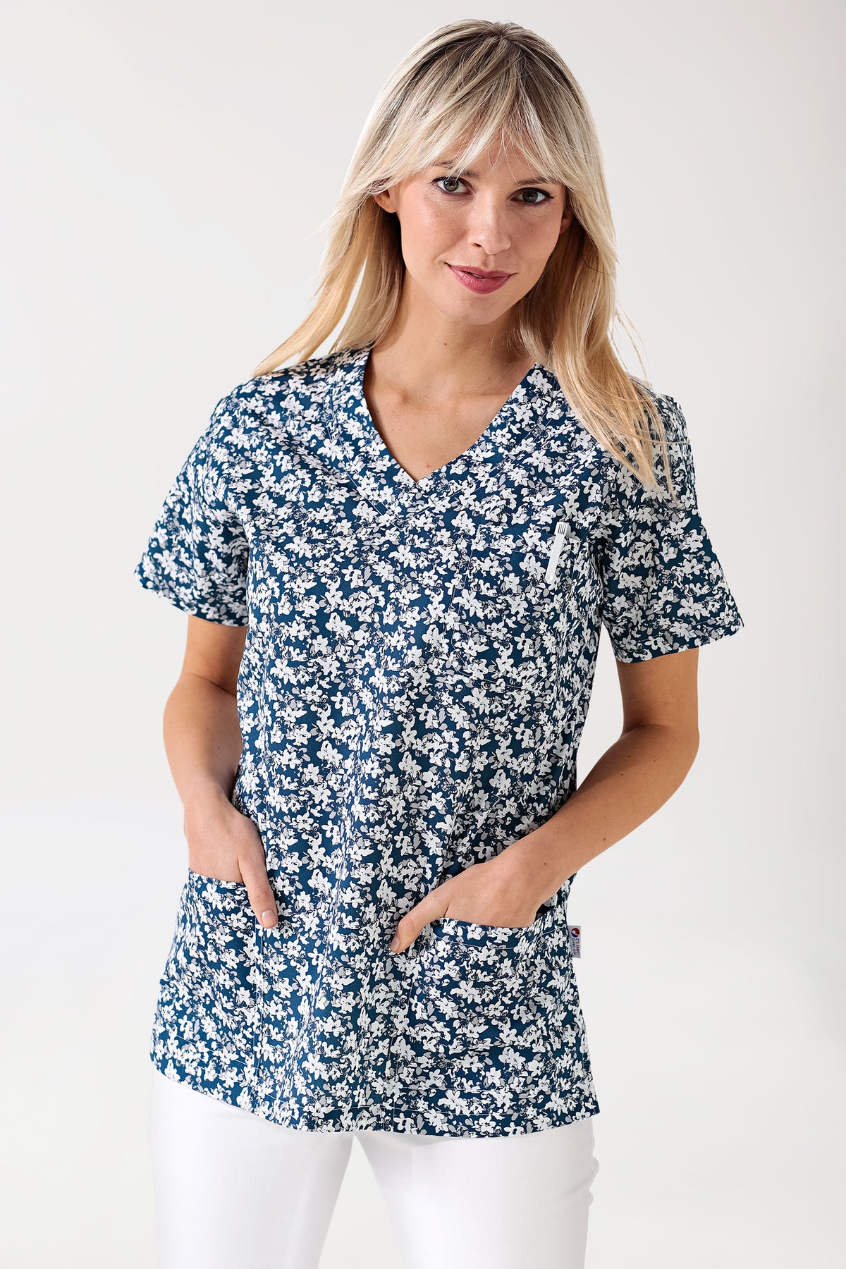 Leichter Schlupfkasack Damen - Alloverprint weiß/blau/grau
