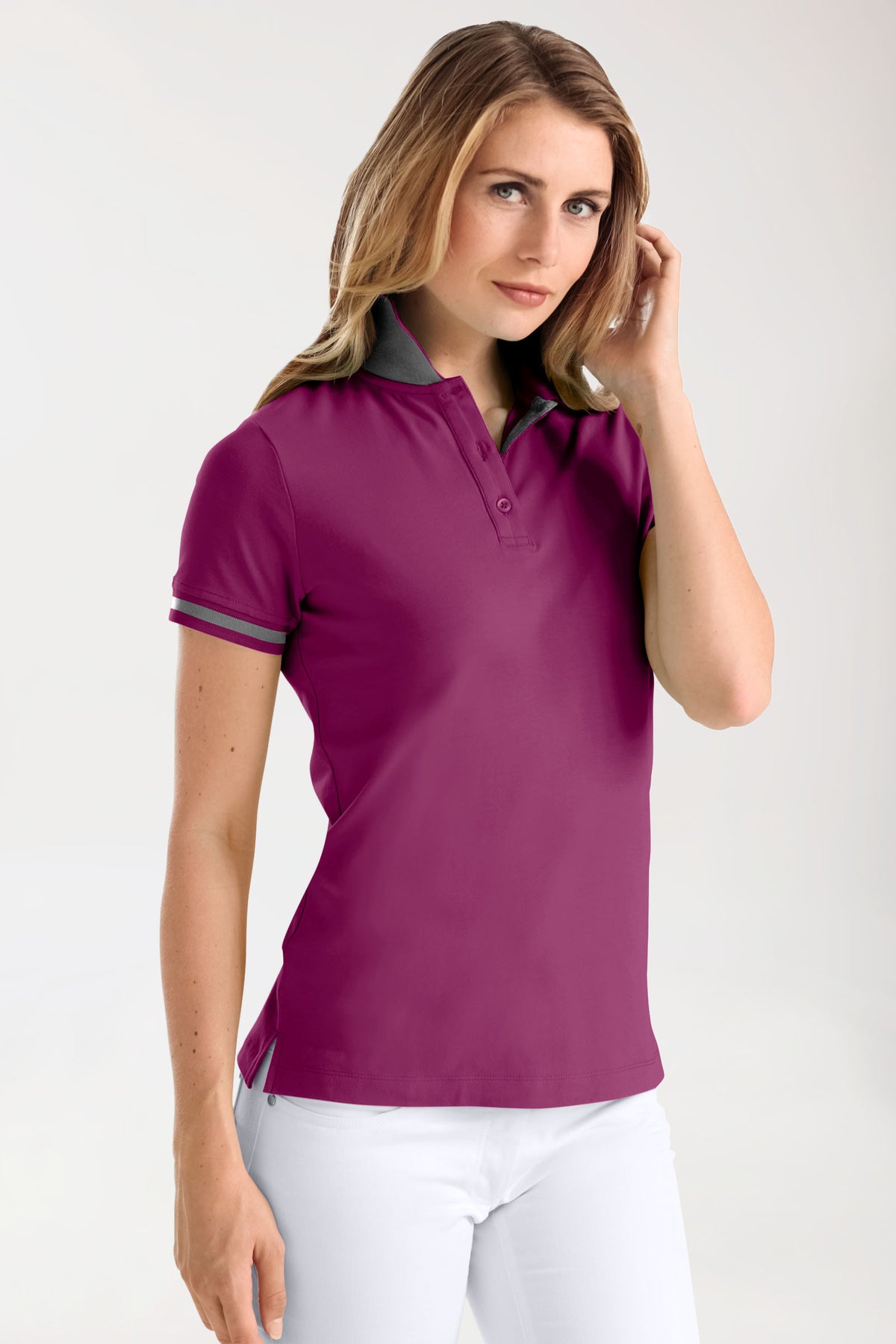 Stretch Shirt Damen - Polokragen berry/dunkelgrau melange