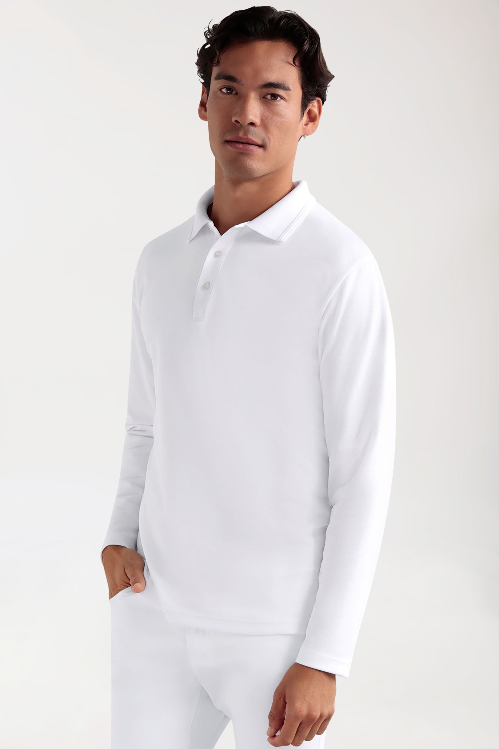 CORE Longsleeve Herren Double Face Piqué - Polokragen weiß