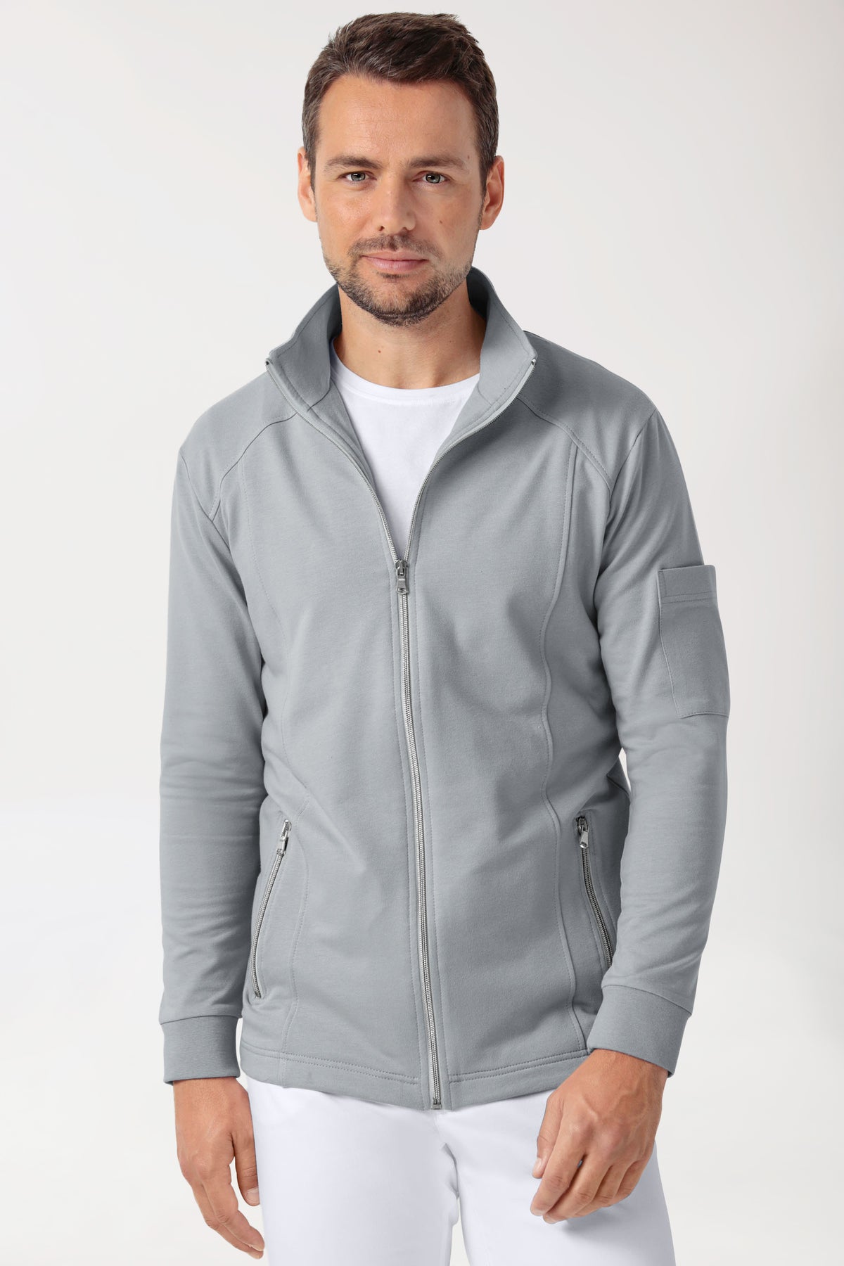 Sweatjacke Herren - Stehkragen grau, Vorderansicht