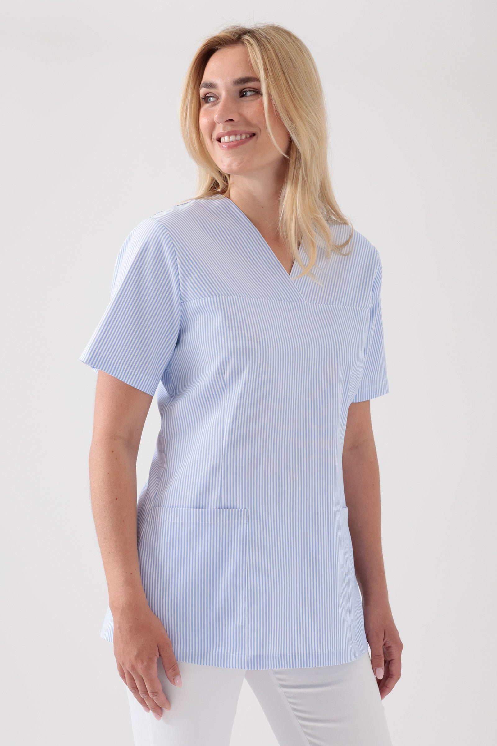 Stretch Schlupfkasack Damen - V-Ausschnitt weiß/blau