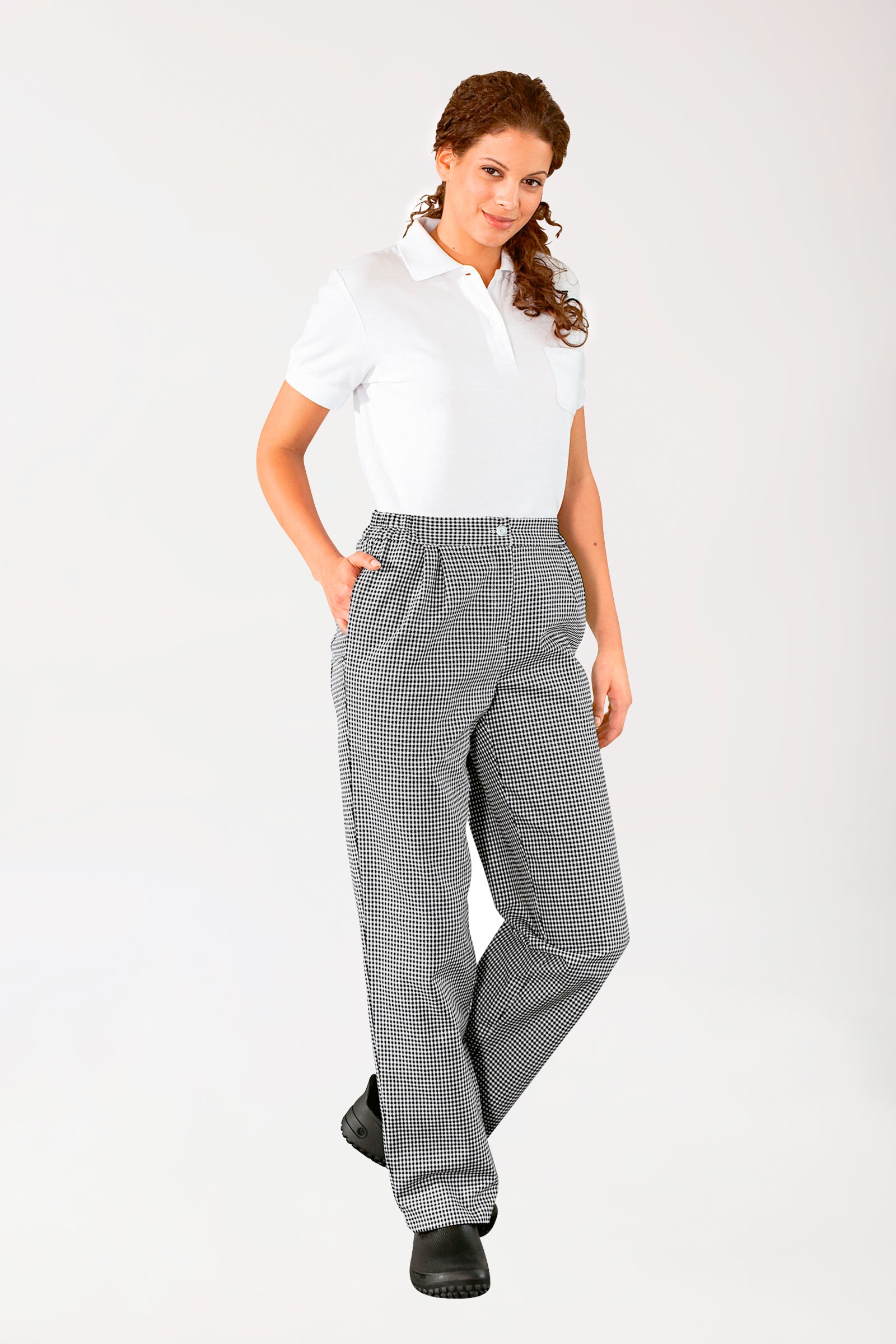 Gastro Hosen Damen - Bundfalten schwarz/weiß, Vorderansicht