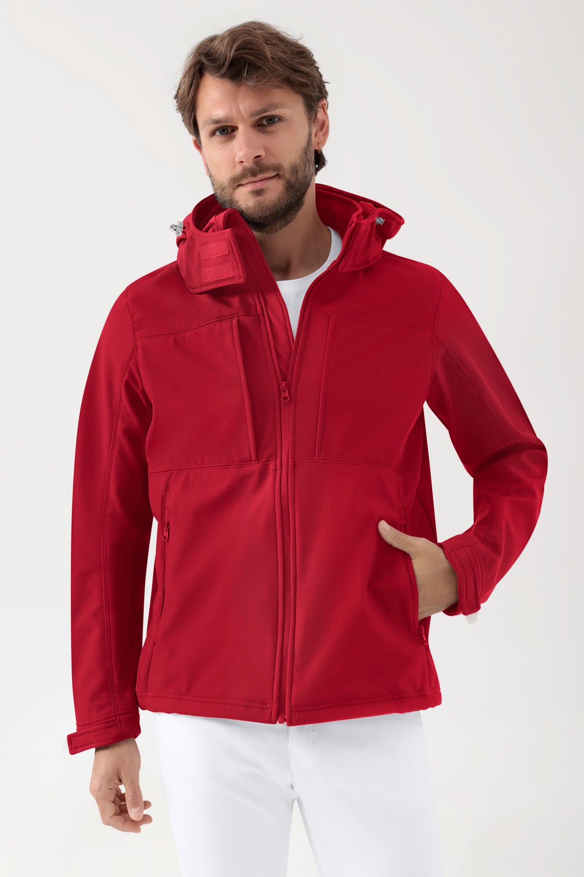 Softshell Jacke Unisex - abnehmbare Kapuze rot