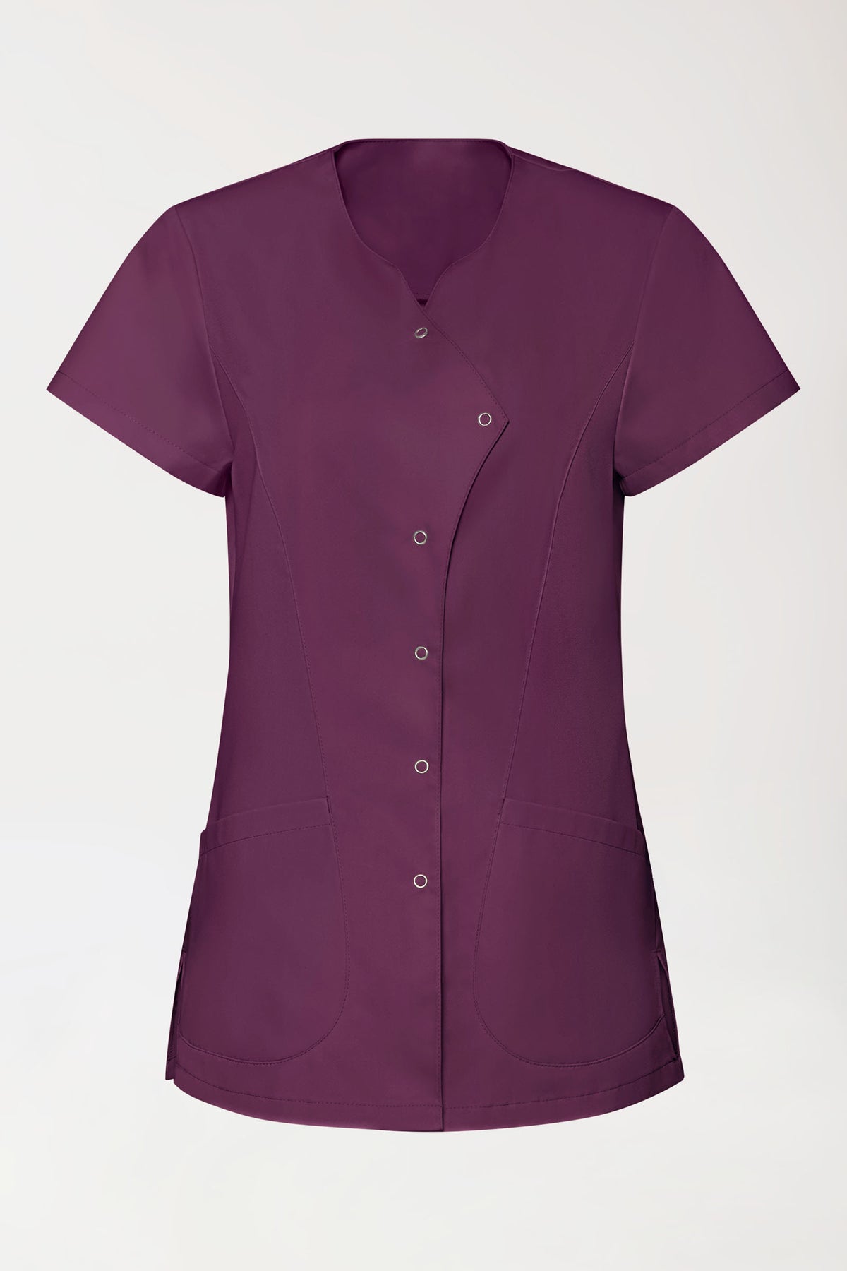 GREEN Stretch Kasack Damen - asymmetrische Druckknopfleiste pflaume, Vorderansicht