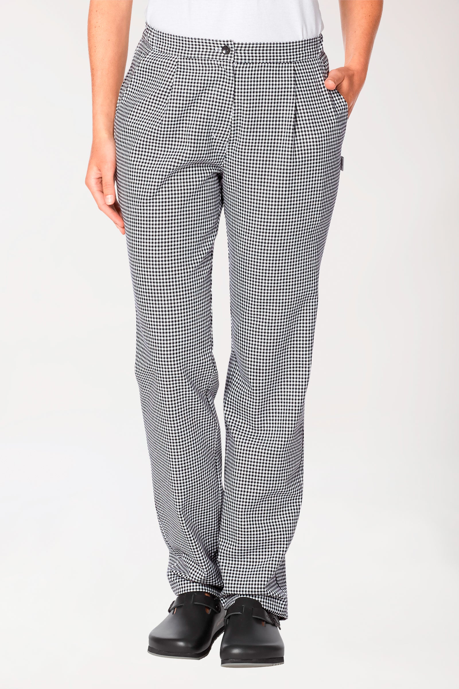 Gastro Hosen Damen - Bundfalten schwarz/weiß, Vorderansicht