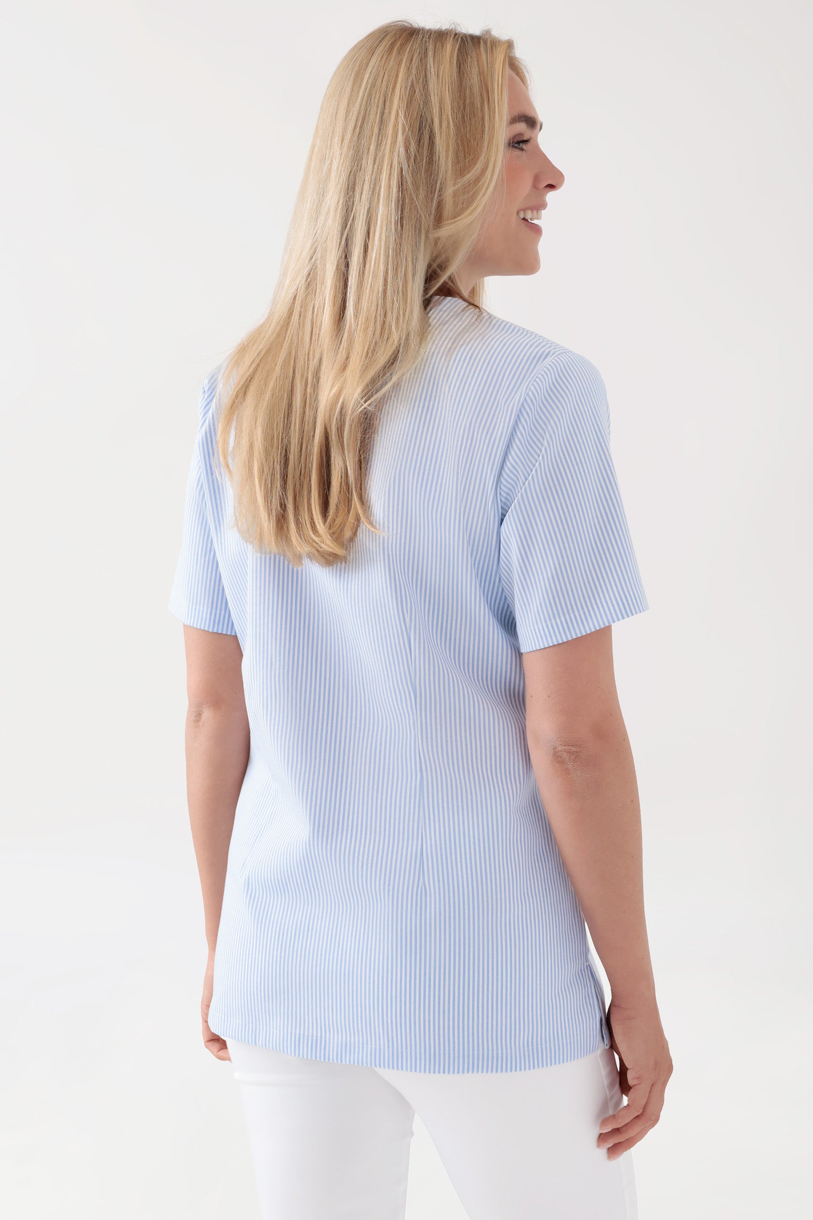 Stretch Schlupfkasack Damen - V-Ausschnitt weiß/blau