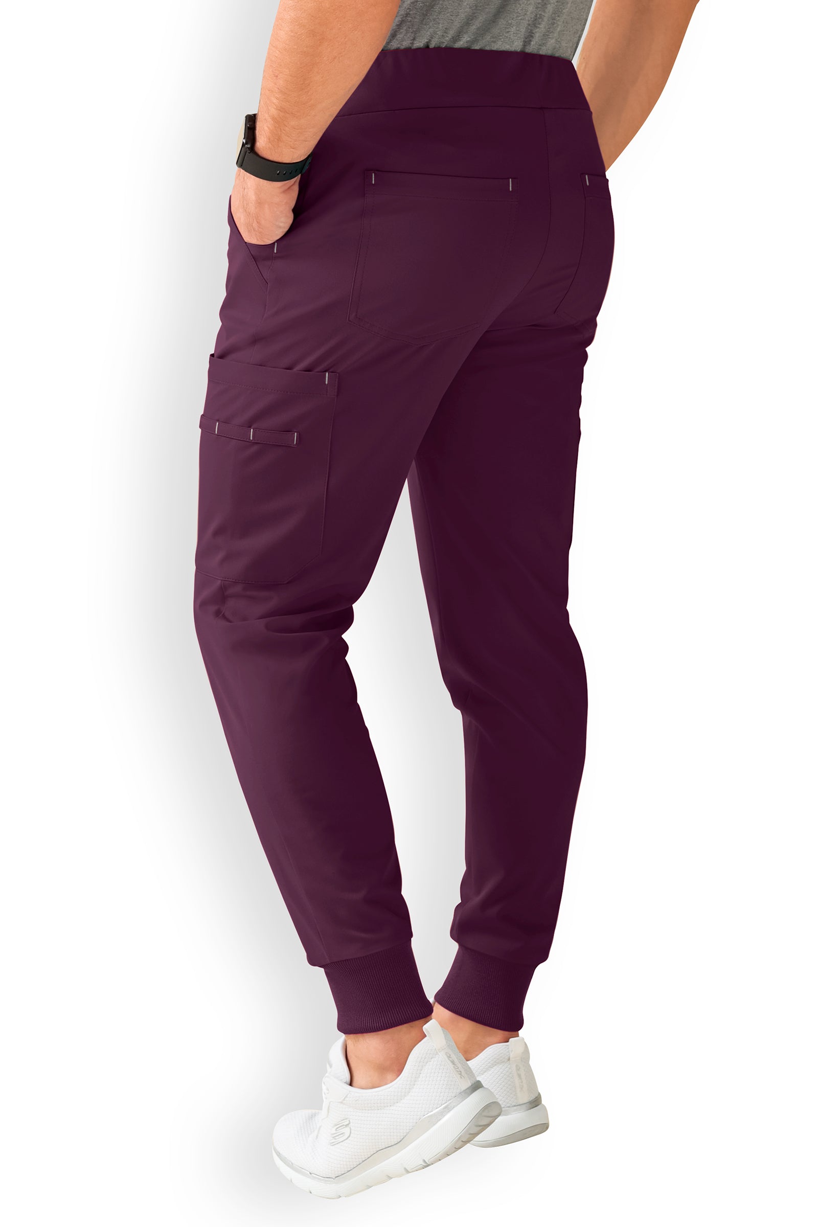 Stretchhose Herren Kurzgröße - Saumbündchen mit Beintaschen dark pflaume, Rückansicht 