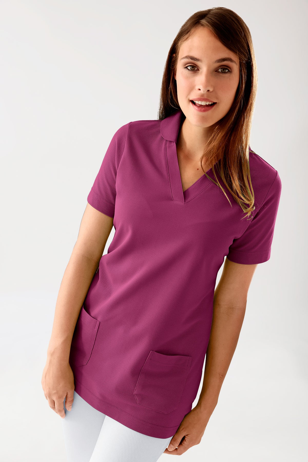 Piqué Longshirt Damen - mit Kragen berry, Vorderansicht 