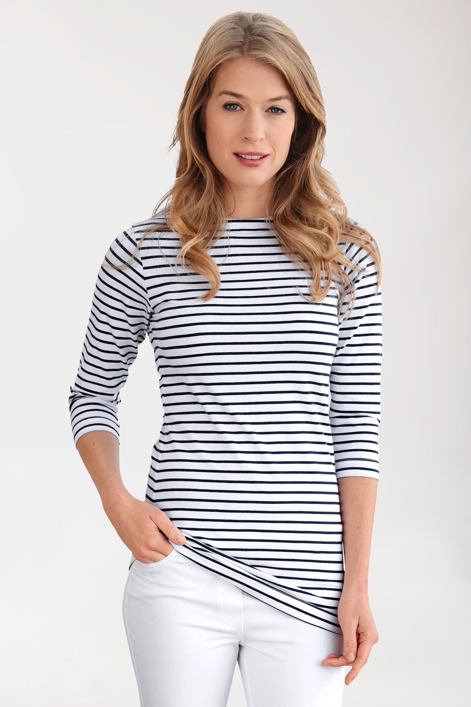 Longshirt Damen - 3/4 Arm weiß/navy