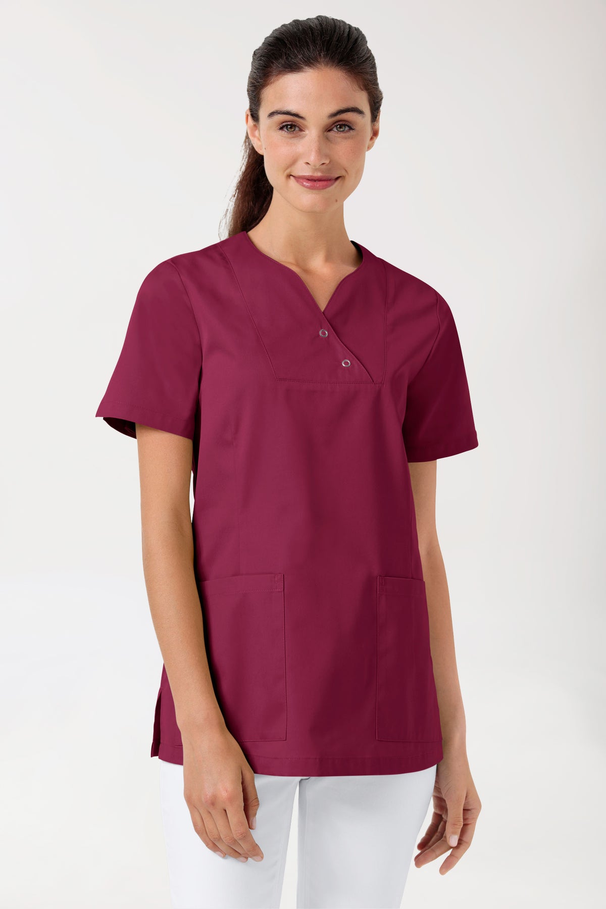 CORE Schlupfkasack Damen curved fit - mit Druckknöpfen bordeaux, Vorderansicht 