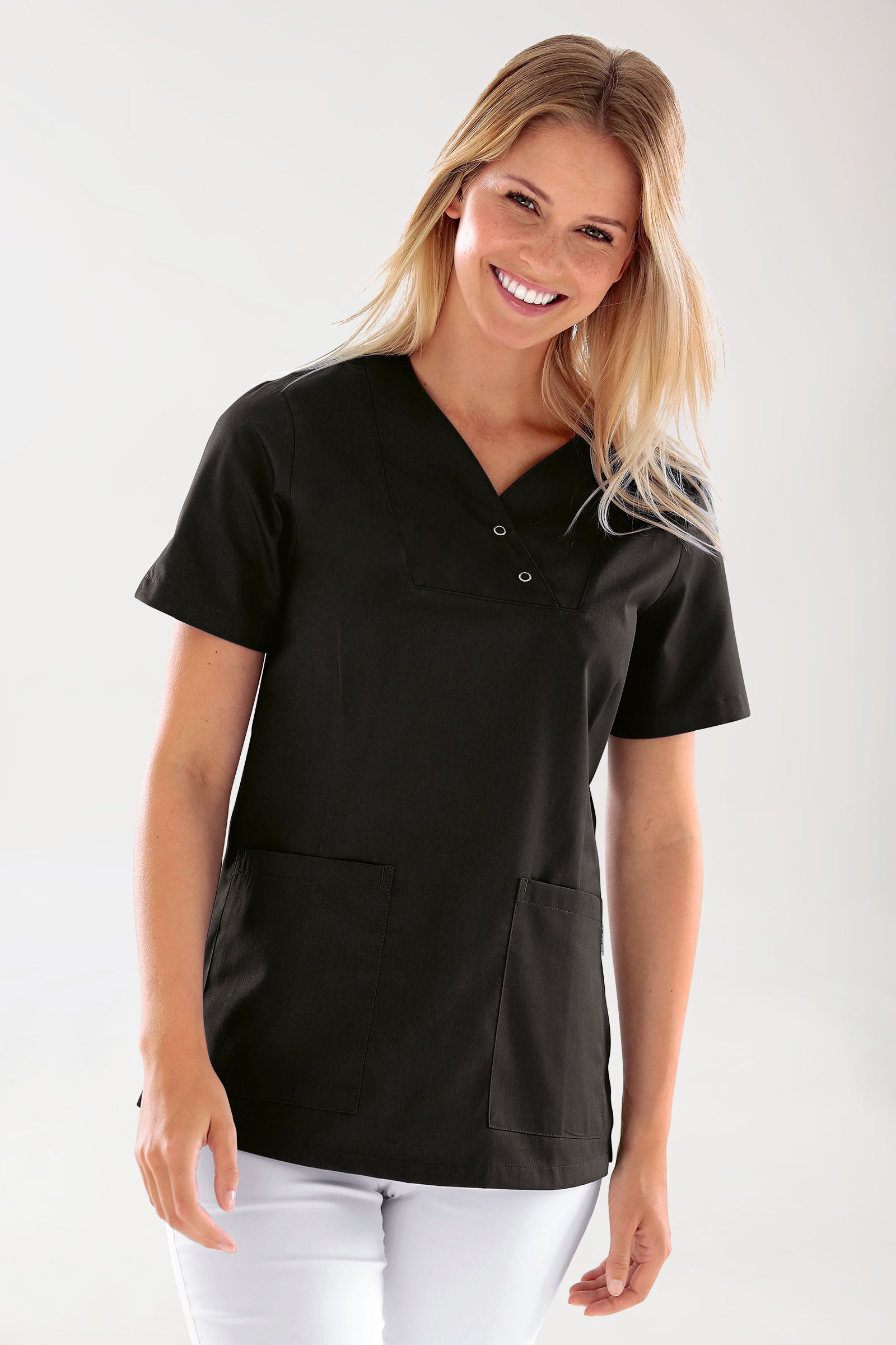 CORE Schlupfkasack Damen curved fit - mit Druckknöpfen schwarz, Vorderansicht 