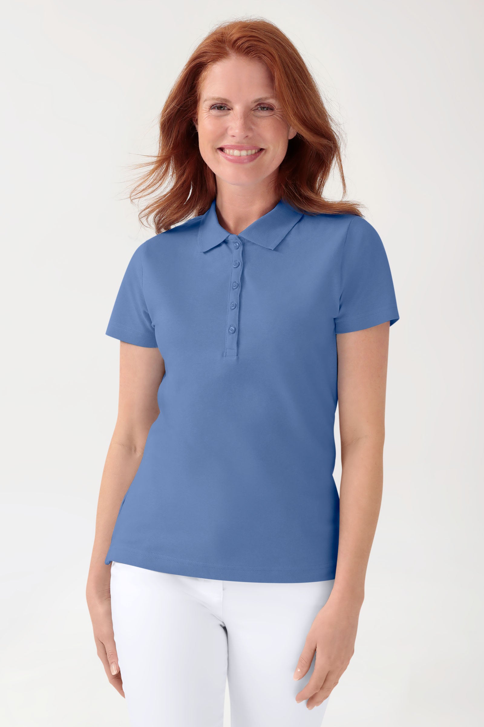 Stretch Shirt Damen - Polokragen petrolblau, Vorderansicht 