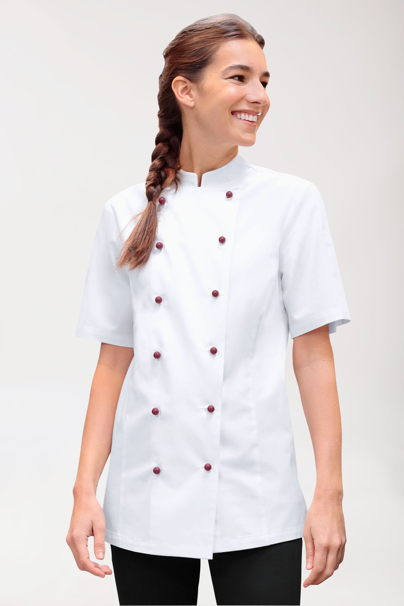 Gastro Kochjacke Damen - 6er Knopfreihe - 1/2 Arm weiß, Vorderansicht 