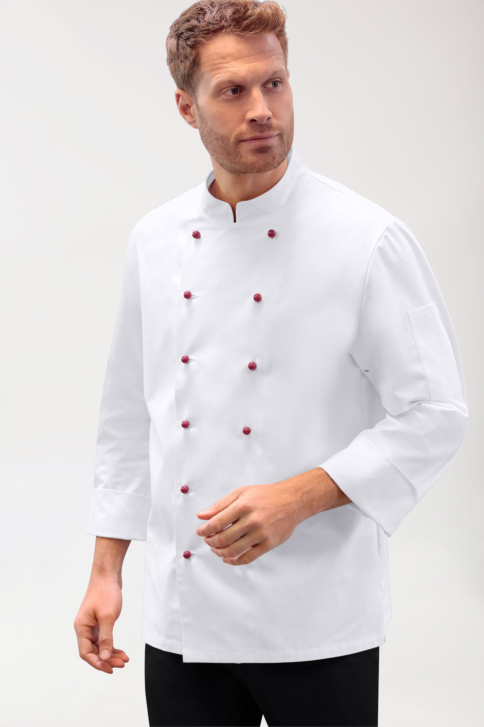 Gastro Kochjacke Herren - 6er Knopfreihe - 1/1 Arm weiß, Vorderansicht 