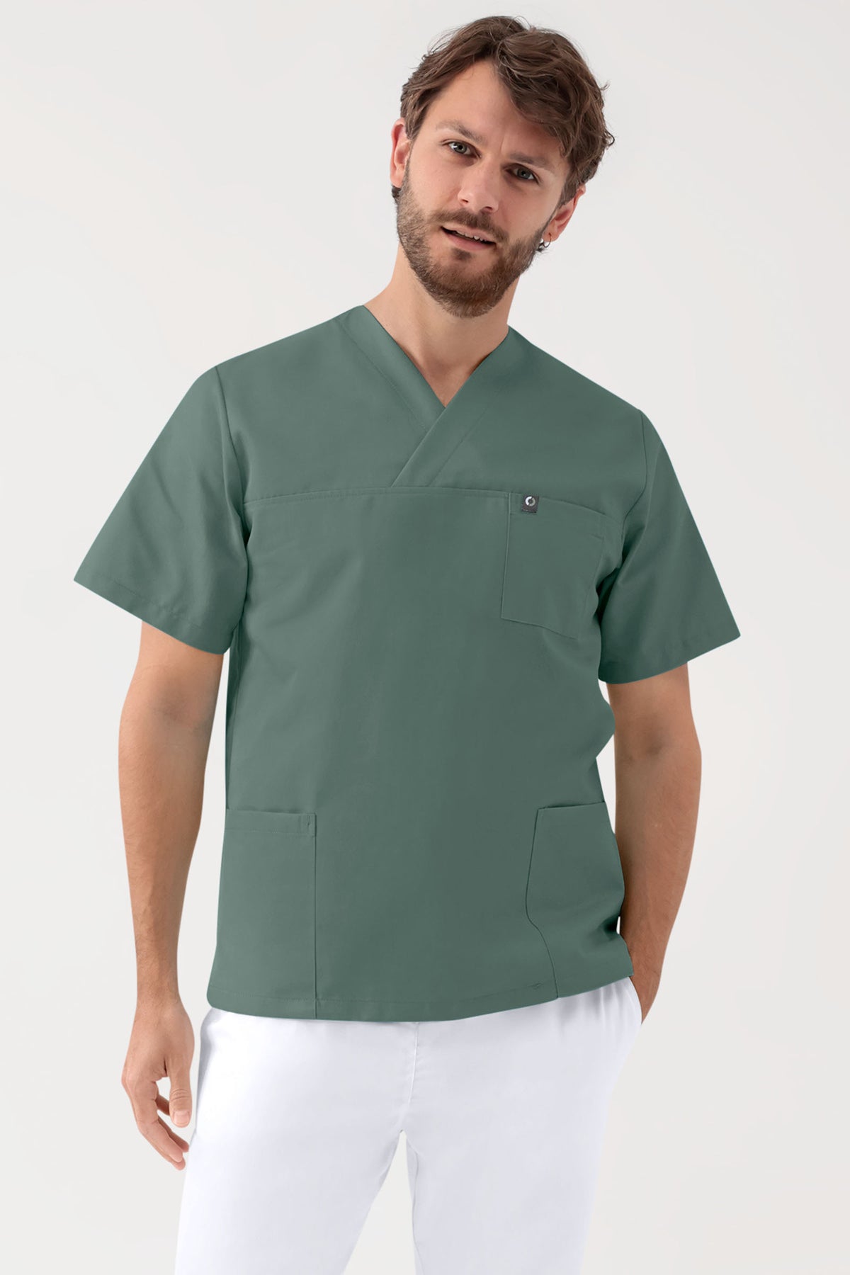 GREEN Stretch Schlupfkasack Unisex - V-Ausschnitt dunkelgrün, Vorderansicht 