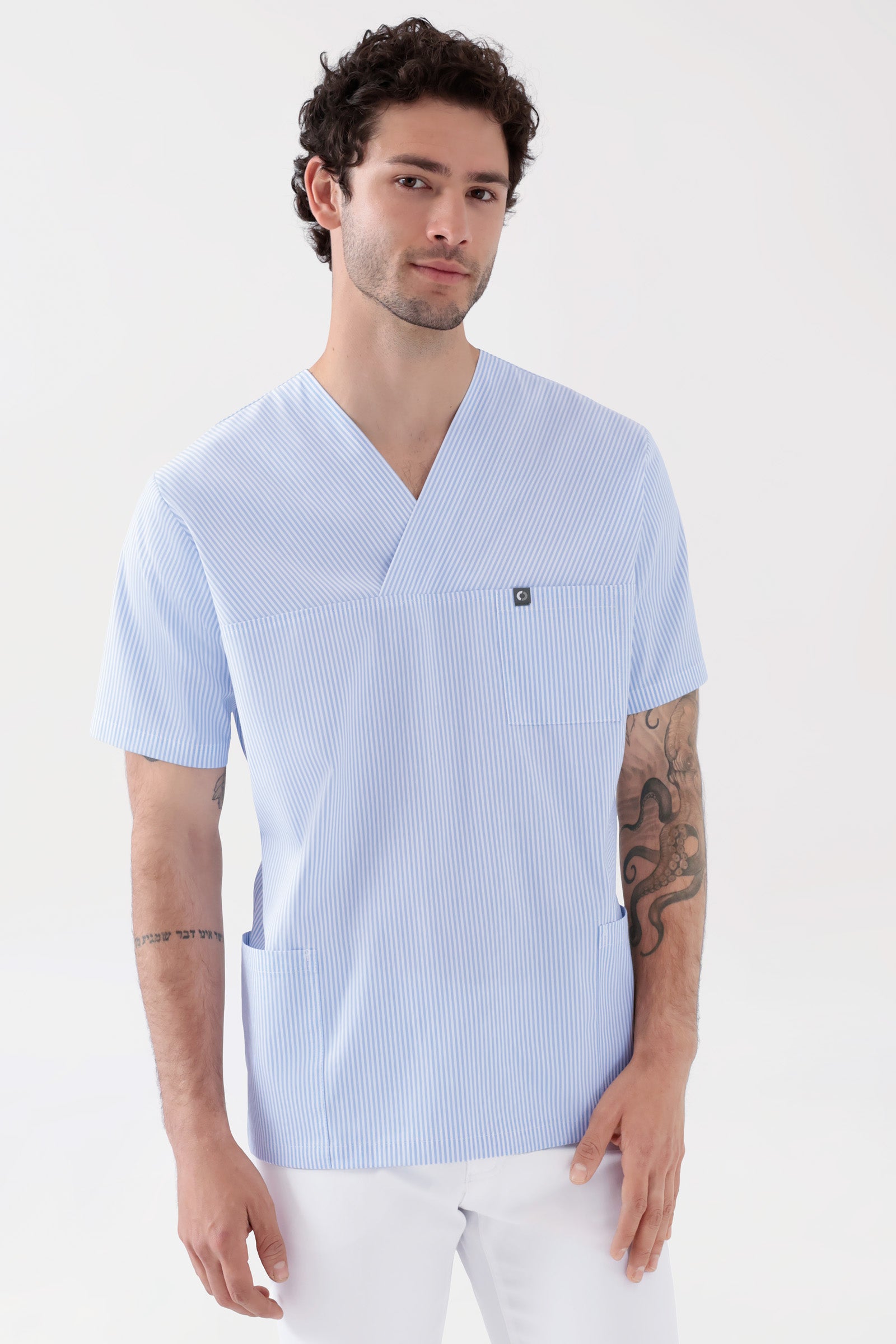 Stretch Schlupfkasack Unisex - V-Ausschnitt weiß/blau