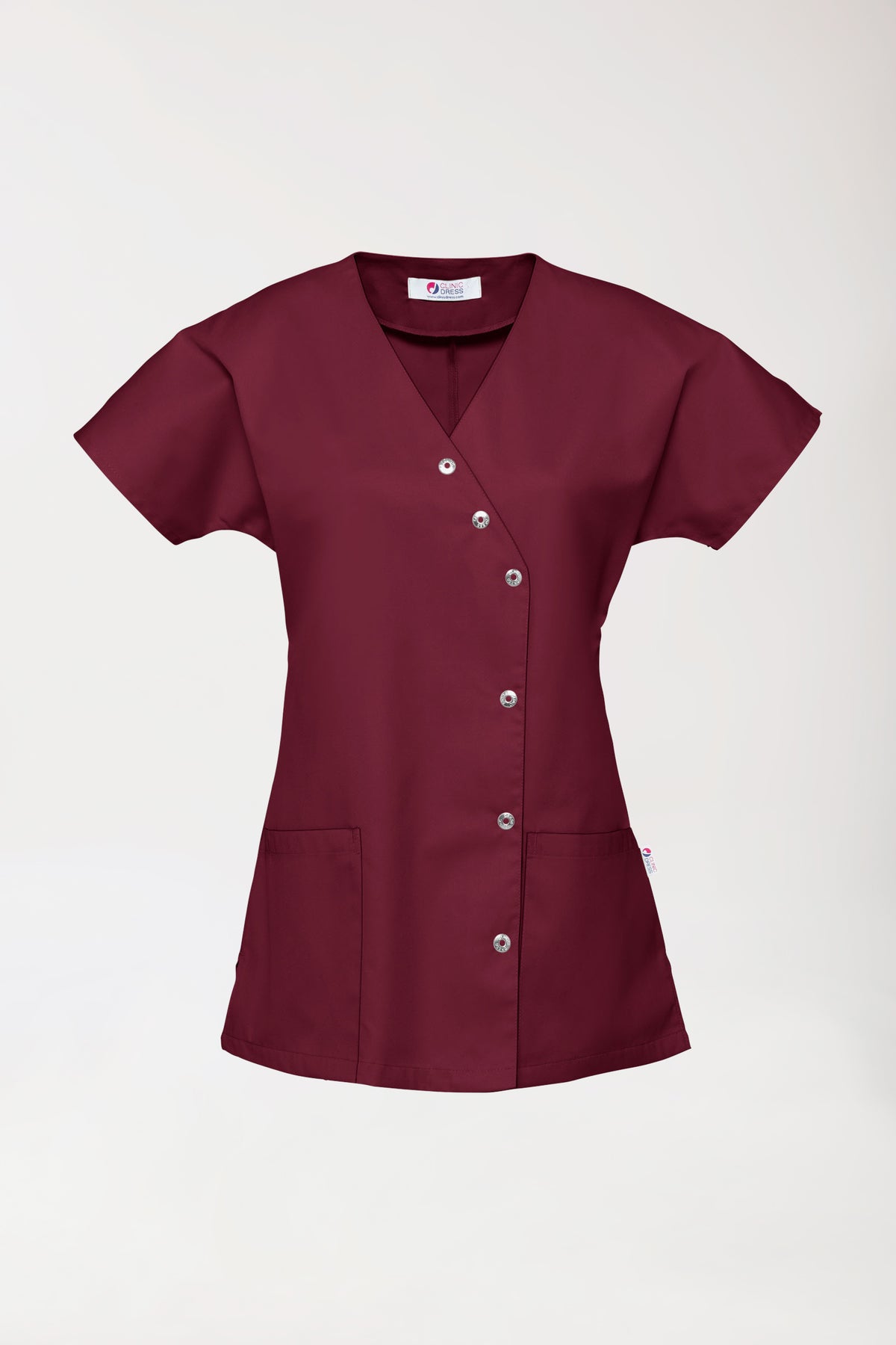 Beauty Kasack Damen - asymmetrische Druckknopfleiste bordeaux, Vorderansicht 
